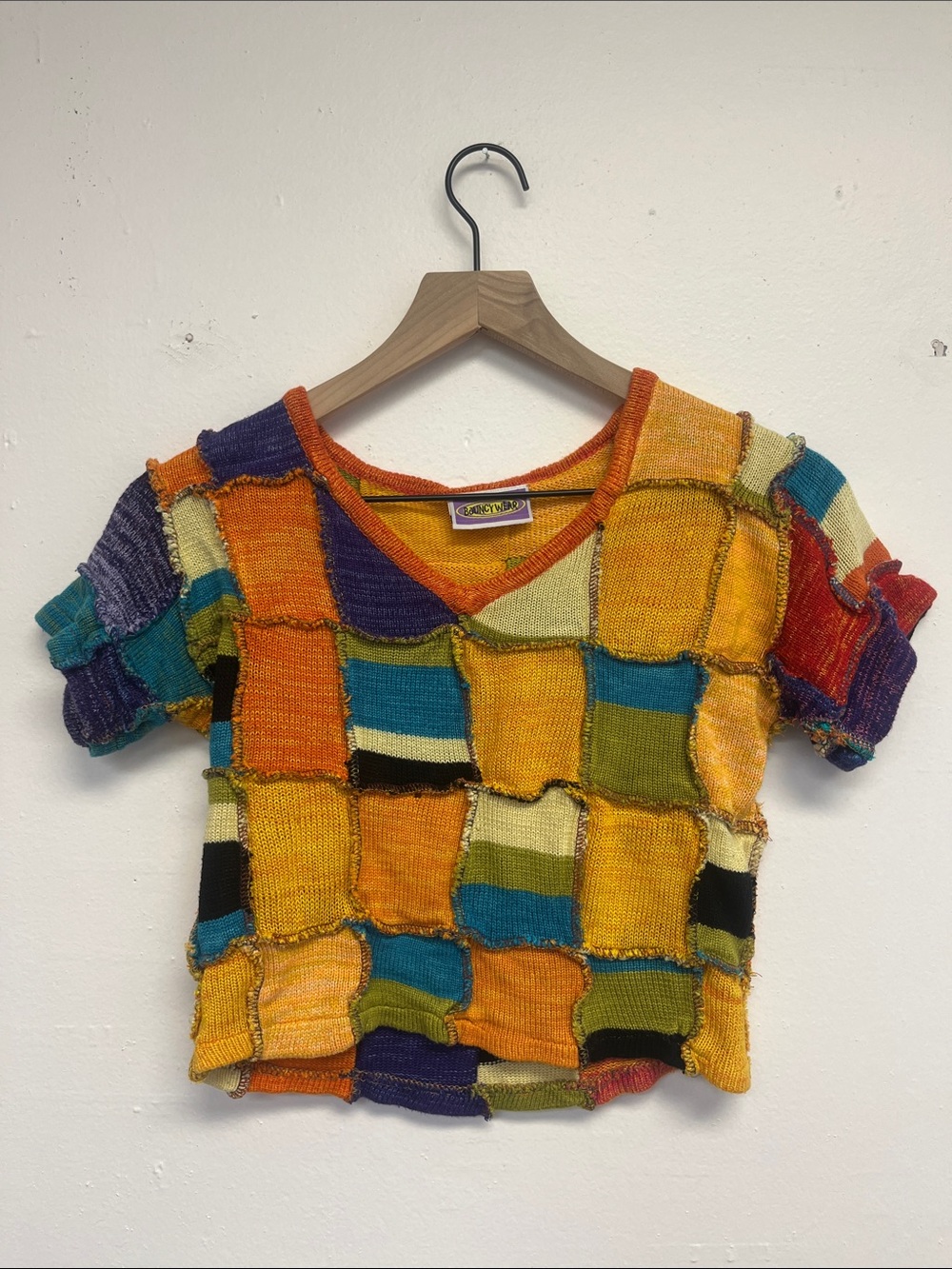 Patchwork V-Neck Short Sleeve Top in Multi Yellow